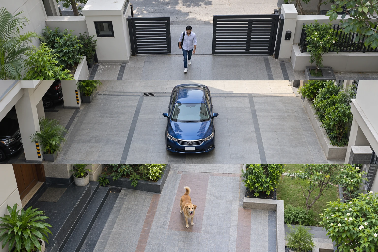 Concept CCTV views showing a person, a car, and a dog